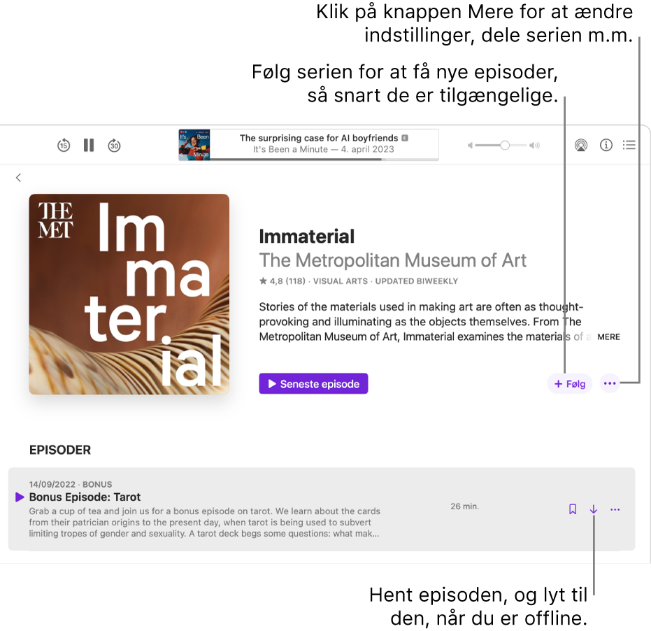En side med oplysninger om en podcast med knapperne Følg, Mere og Hentet.