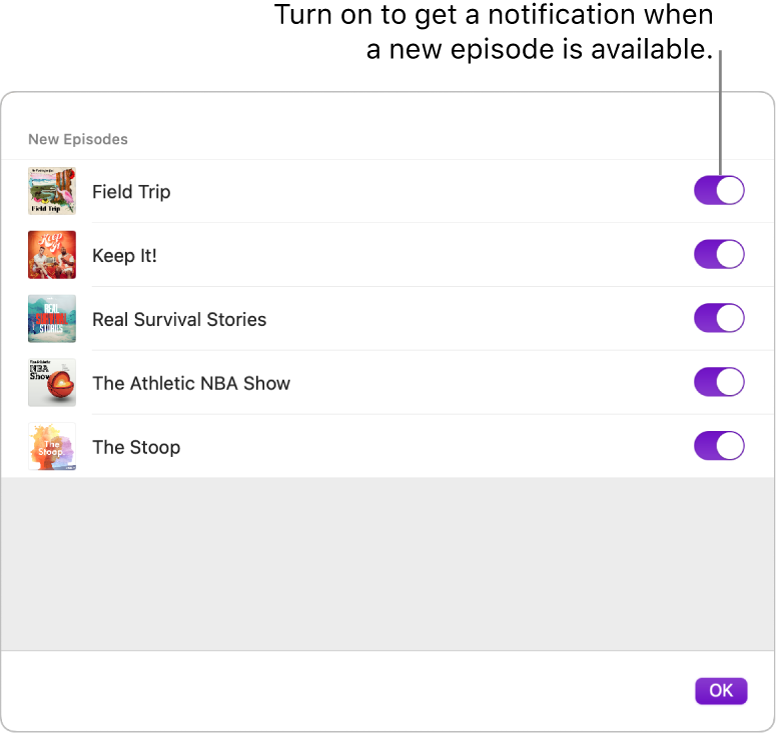 The Notifications options. Click the switch to get a notification when a new episode is available.