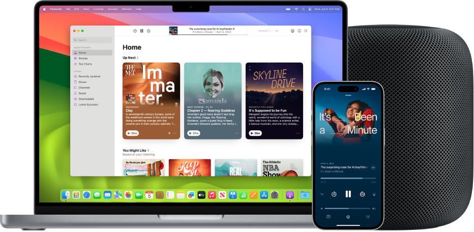 The Apple Podcasts app on a Mac and iPhone, with a HomePod in the background.