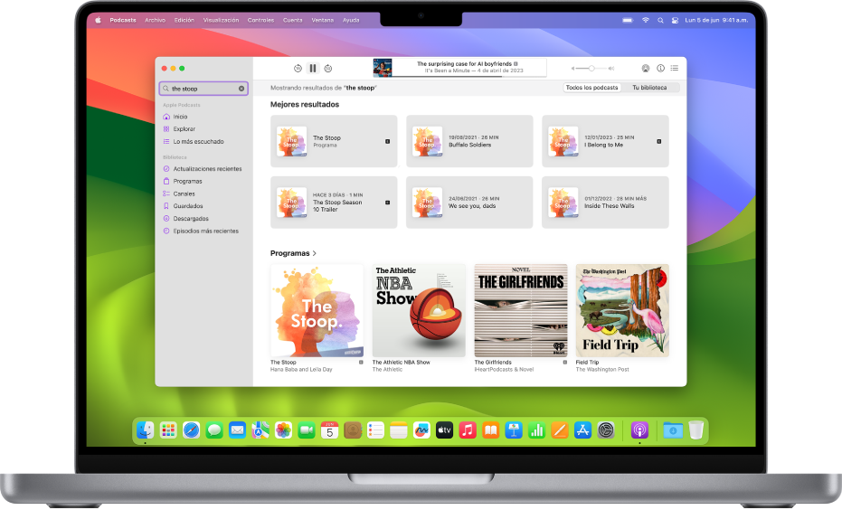La ventana de Apple Podcasts mostrando una cadena de búsqueda y los resultados.