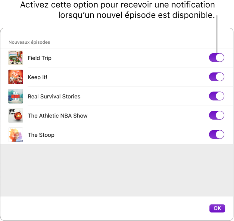 Les options des notifications. Cliquez sur le bouton pour recevoir une notification lorsqu’un nouvel épisode est disponible.