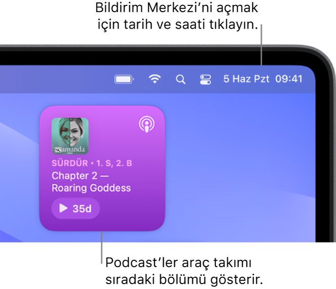 Podcast’lerin Sıradaki araç takımı devam edilecek bir bölümü gösteriyor. Bildirim Merkezi’ni açmak ve araç takımlarını özelleştirmek için menü çubuğundaki tarih ve saati tıklayın.