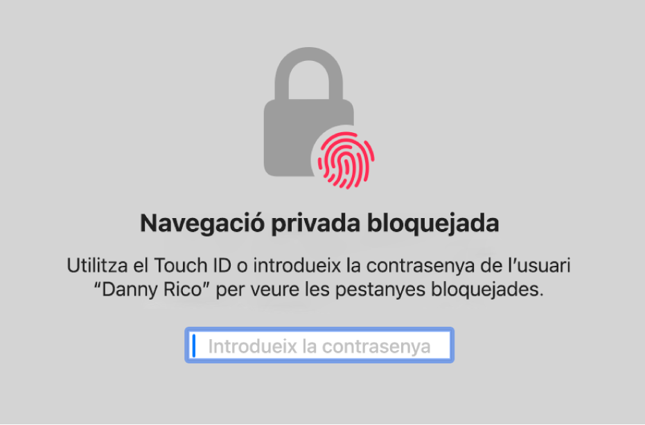 Una finestra demana el Touch ID o la contrasenya per desbloquejar les finestres de navegació privada.