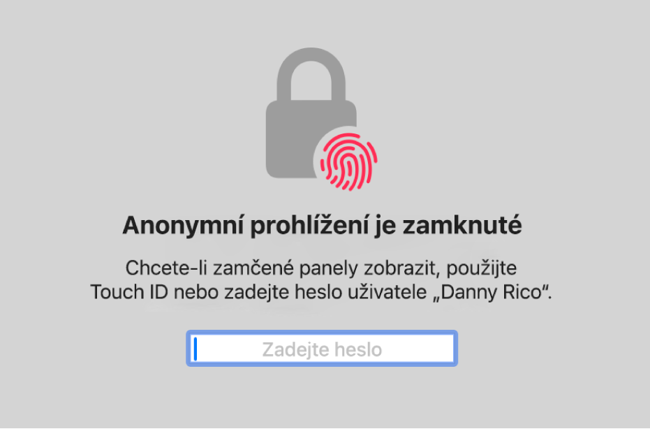 Okno s výzvou k odemknutí oken anonymního prohlížení pomocí Touch ID nebo zadání hesla