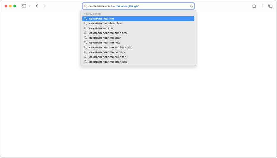 Dynamické vyhledávací pole v Safari, do kterého lze zadat název nebo URL webové stránky