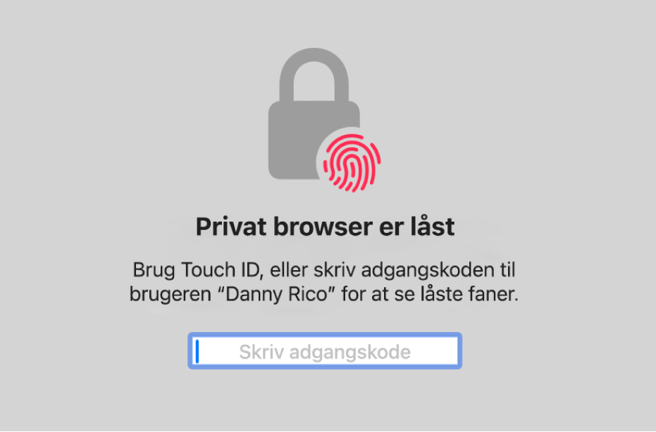 Et vindue med en anmodning om Touch ID eller din adgangskode til at låse vinduer i Privat Browser op.