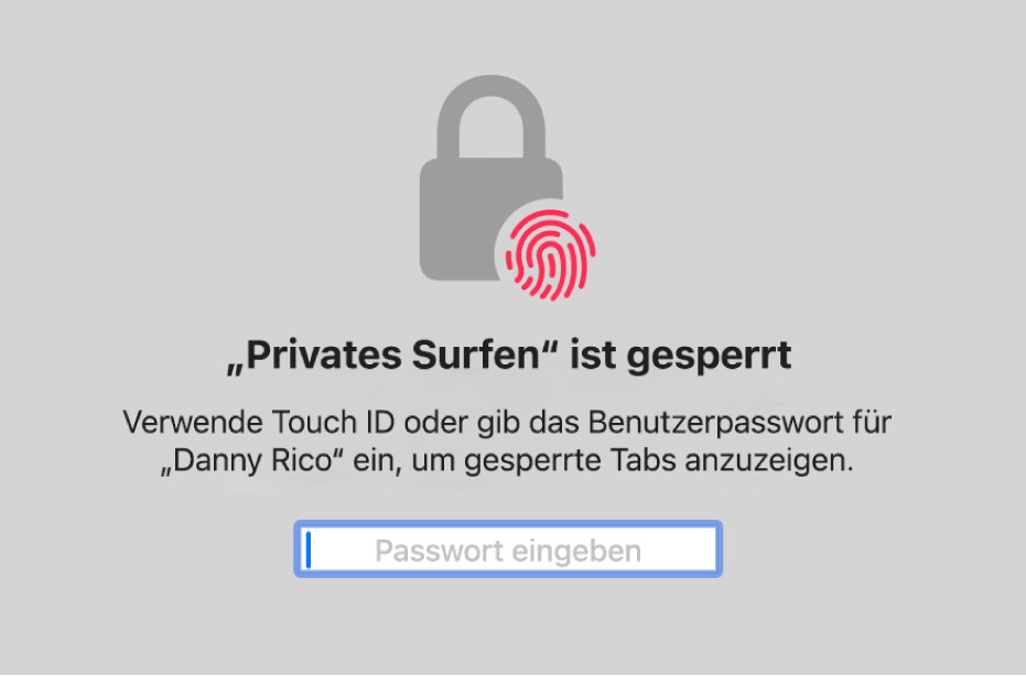 Ein Fenster, das zum Entsperren von Fenstern im Modus „Privates Surfen“ die Touch ID anfordert.