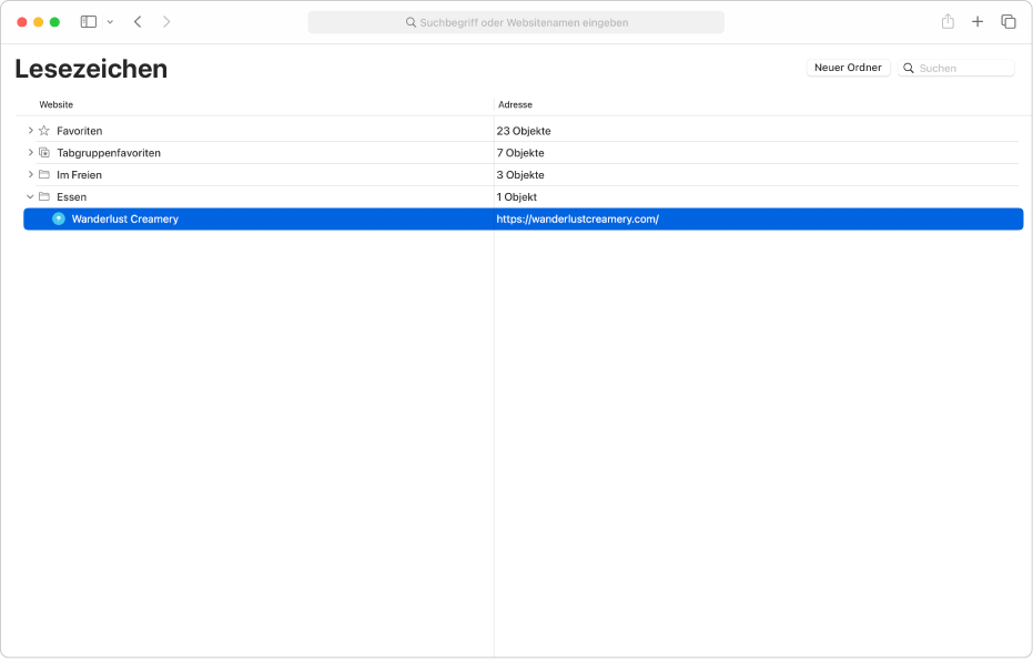 Das Fenster „Lesezeichen bearbeiten“ in Safari