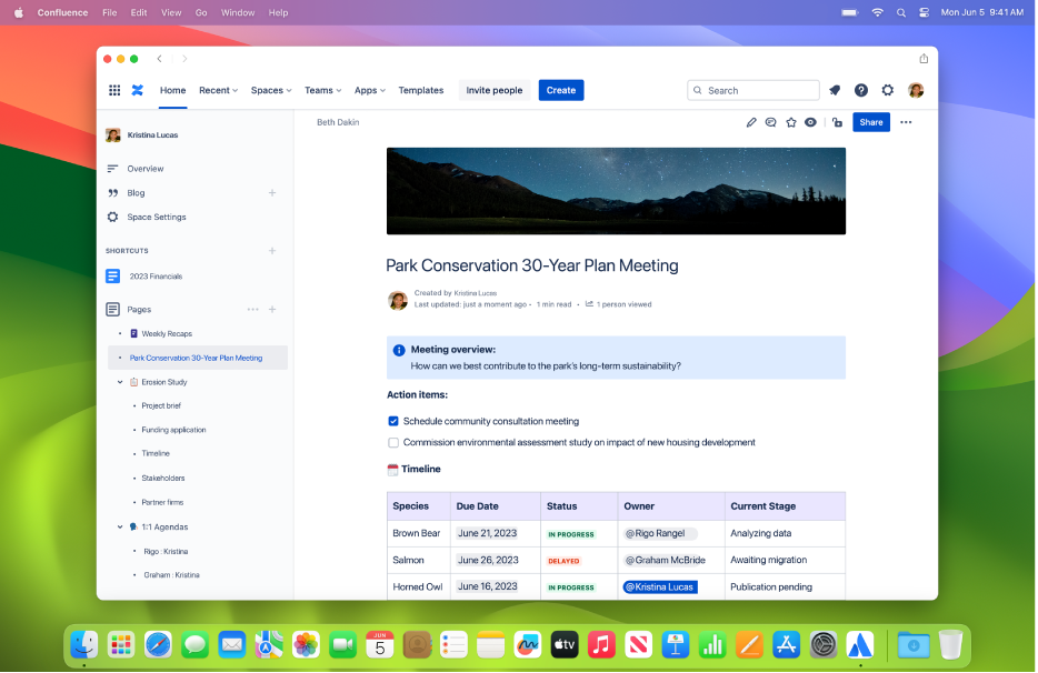 Safari窗口将Confluence网站显示为一个web应用程序，在Dock中有一个Confluencemenu bar和Confluence图标。