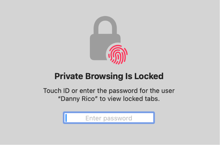  A window asking for Touch ID or your password to unlock Private Browsing windows.