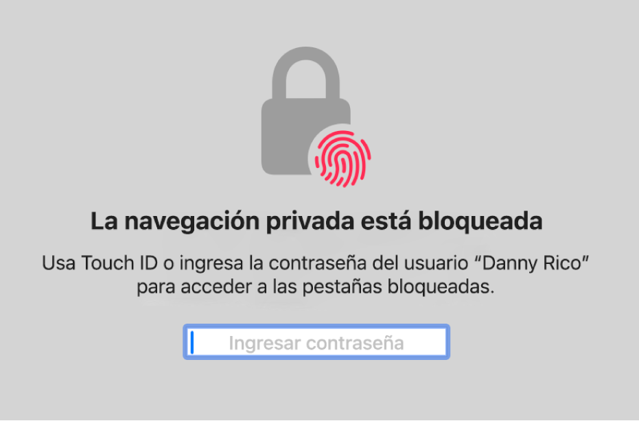 Una ventana pidiendo Touch ID o tu contraseña para desbloquear ventanas de navegación privada.