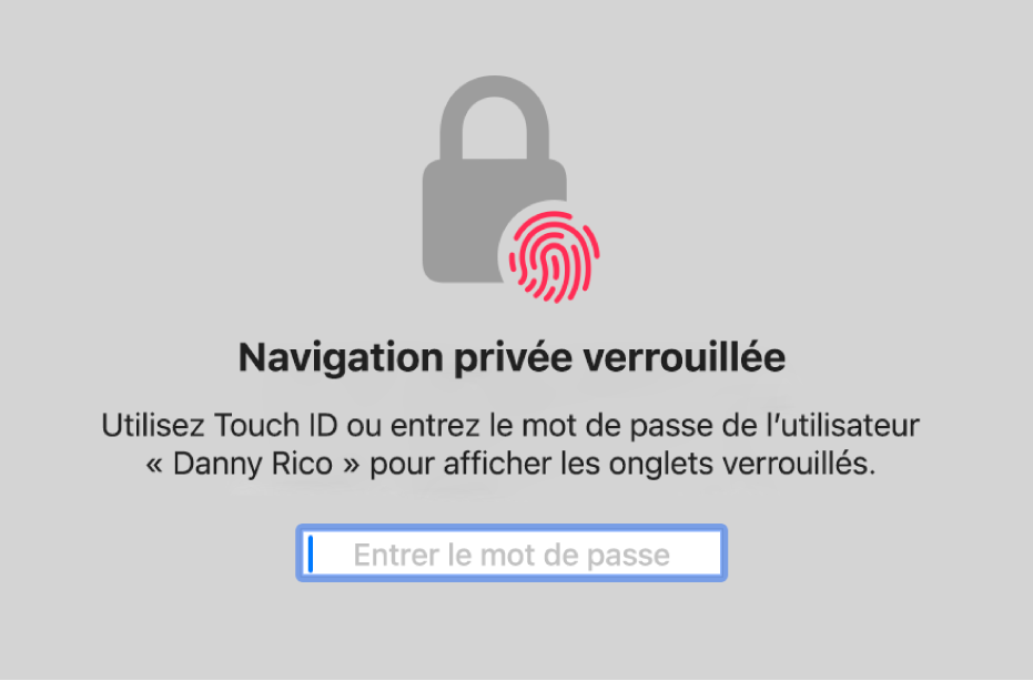 Fenêtre demandant l’utilisation de Touch ID ou la saisie de votre mot de passe pour déverrouiller les fenêtres de navigation privée.