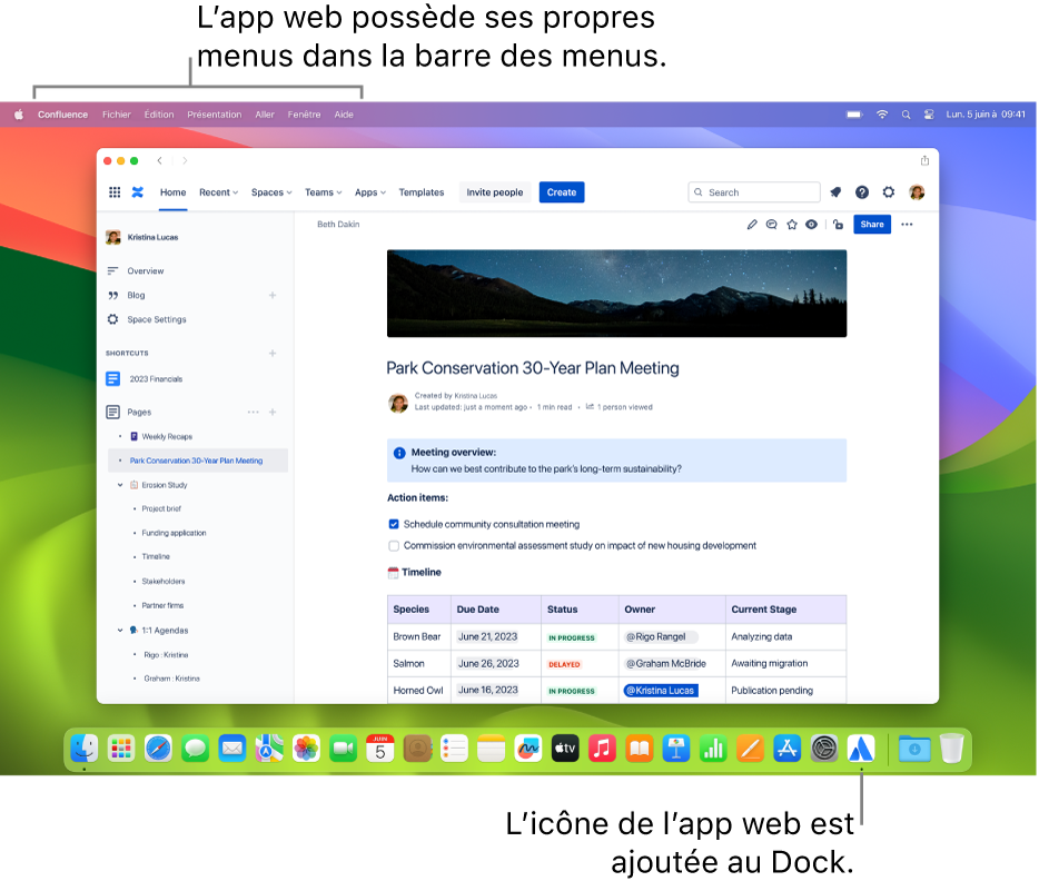 Une fenêtre Safari affichant le site web Confluence sous forme d’app web, avec une barre des menus Confluence et une icône Confluence dans le Dock.