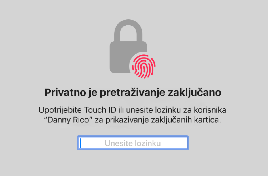 Prozor u kojem se traži Touch ID ili lozinka za otključavanje prozora Privratnog pretraživanja.