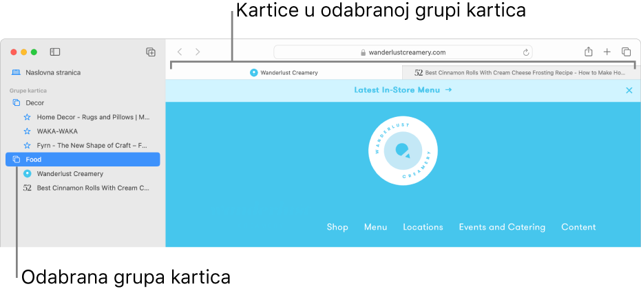 Prozor aplikacije Safari s prikazom rubnog stupca s odabranom opcijom Grupa kartica.