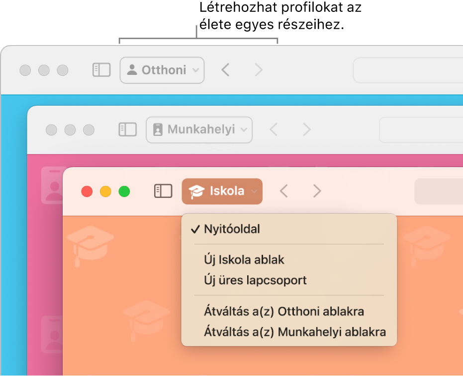 Három Safari-profil ablaka: egy otthonra, egy munkára és egy az iskolához.
