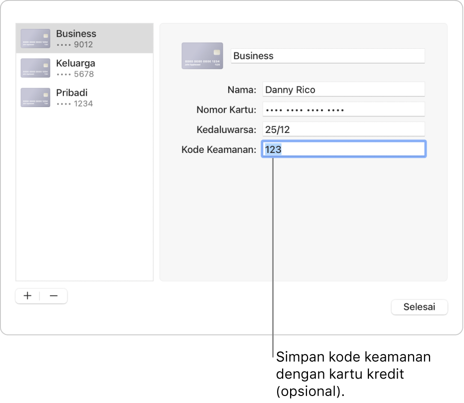 Formulir kartu kredit dengan bidang untuk memasukkan nama, nomor kartu, tanggal kedaluwarsa, dan kode keamanan.