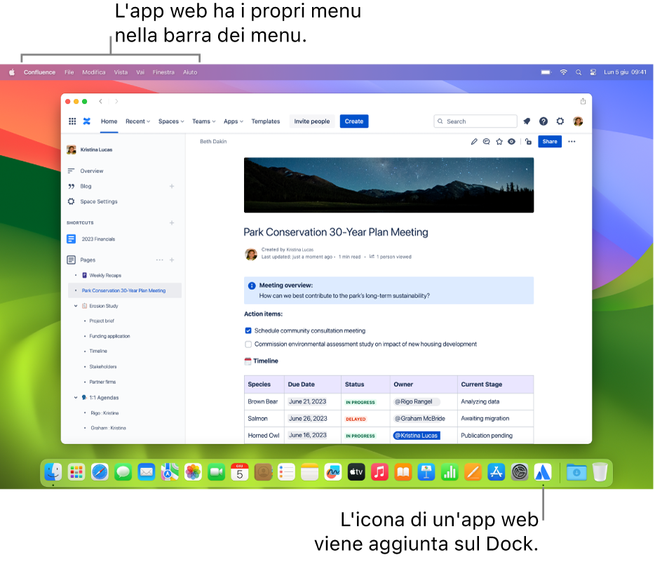 Una finestra di Safari con il sito web di Confluence visualizzato come un’app web, con una barra dei menu per Confluence e l’icona Confluence sul Dock.