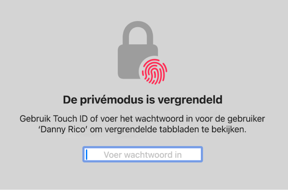 Een venster dat vraagt om Touch ID of je wachtwoord voor het ontgrendelen van privévensters.