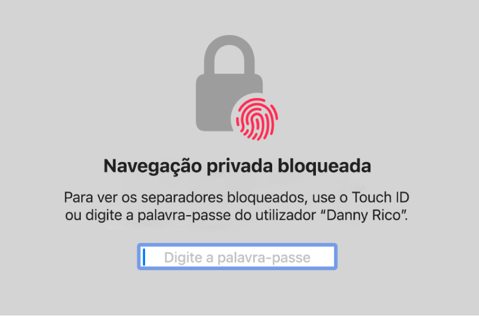 Uma janela a pedir o Touch ID ou a palavra-passe para desbloquear as janelas de navegação privada.