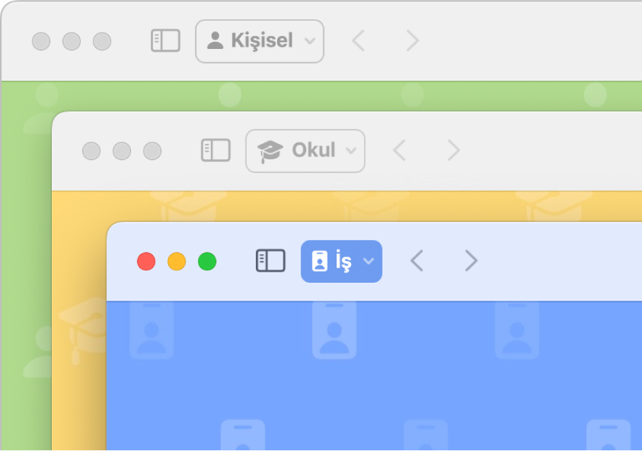 Üç Safari profili penceresi: biri kişisel kullanım, biri okul ve biri de iş için.