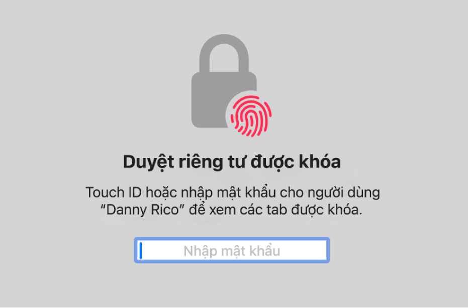 Một cửa sổ đang yêu cầu Touch ID hoặc mật khẩu của bạn để mở khóa các cửa sổ Duyệt riêng tư.