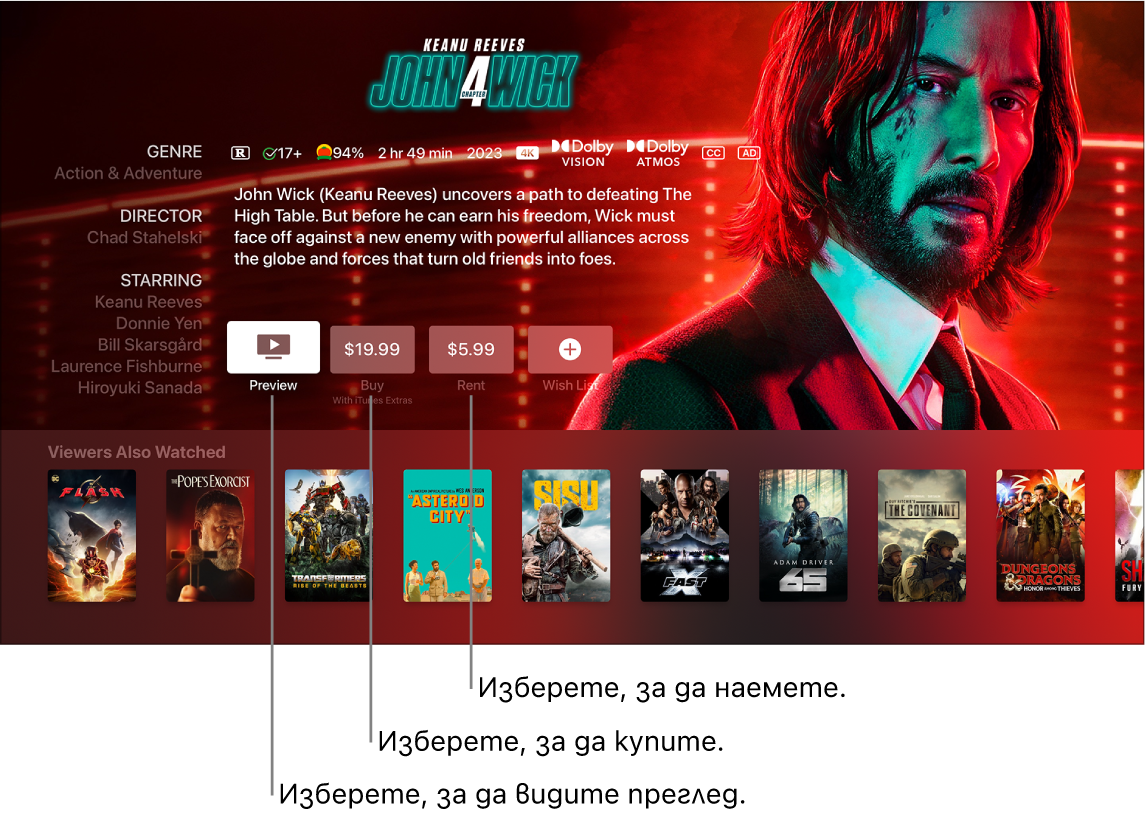 Екран с информация за филм