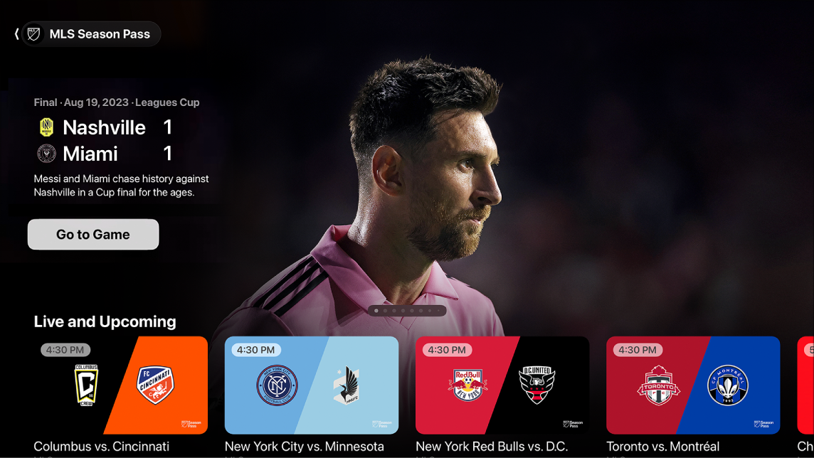 Екран, показващ MLS Season Pass (MLS Сезонен пропуск)