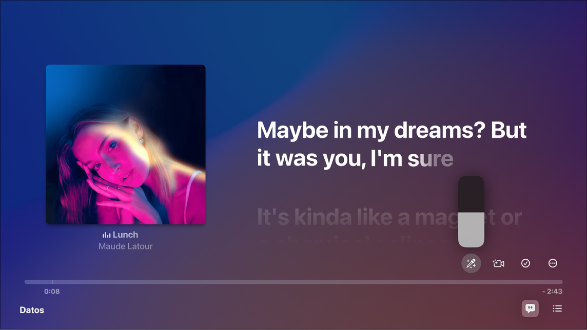 La pantalla Ahora suena mostrando A cantar de Apple Music