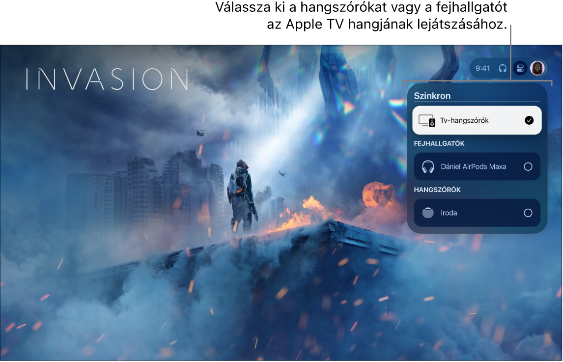 Az Apple TV képernyője a Vezérlőközpont hangvezérlőivel