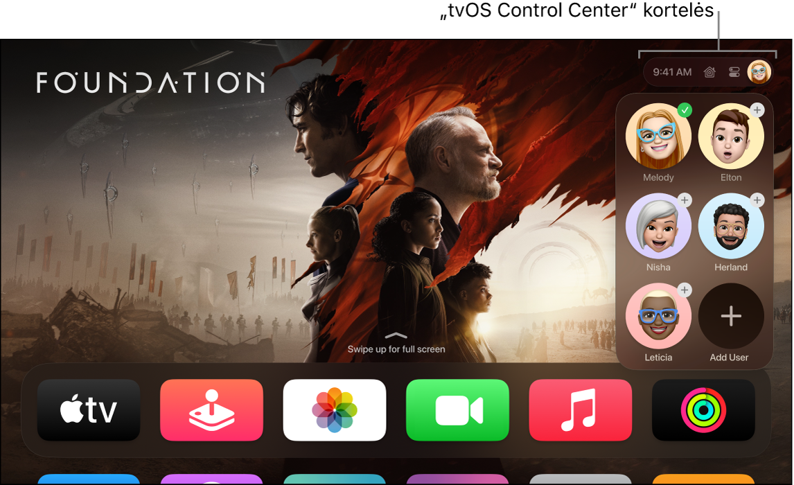 „Apple TV“ ekrane rodomi skirtukai „Control Center“.
