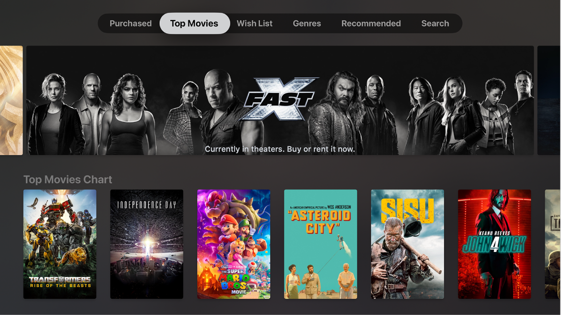 Pakalpojuma iTunes Movies sākuma ekrāns