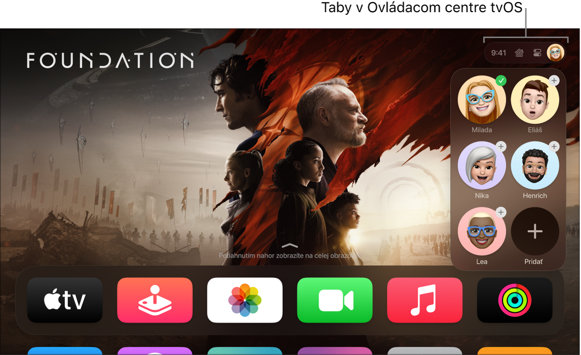 Obrazovka Apple TV zobrazujúca taby ovládacieho centra.