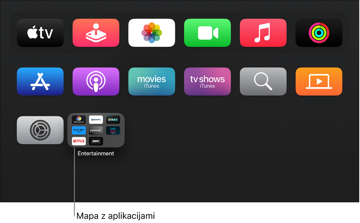 Zaslon Home, ki prikazuje mapo z aplikacijami