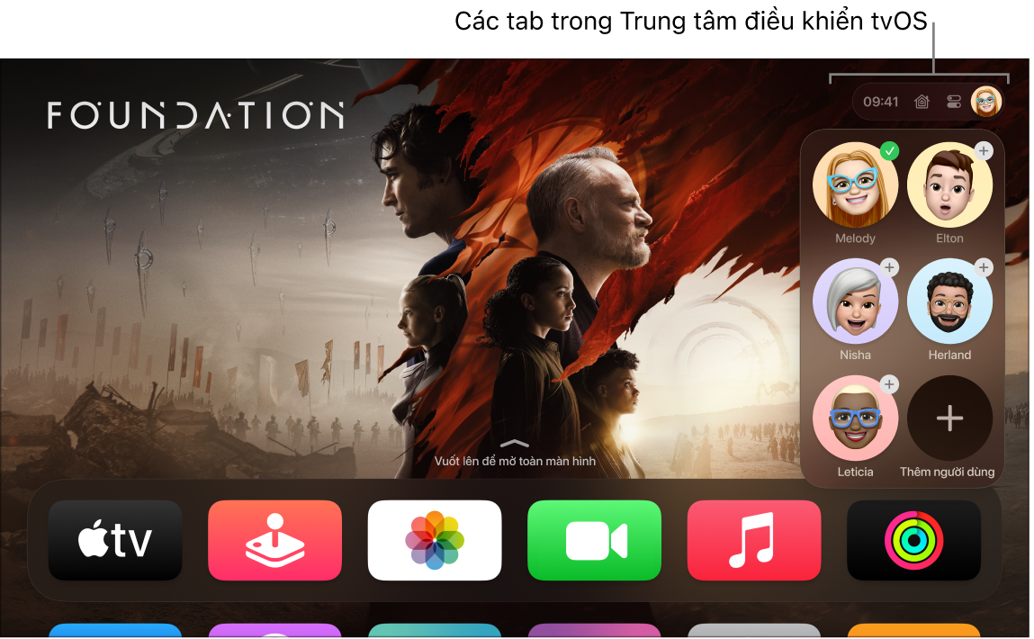 Màn hình Apple TV đang hiển thị các tab trong Trung tâm điều khiển.