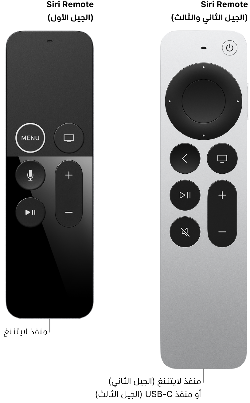 صورة Siri Remote (الجيلان الثاني والثالث) و Siri Remote (الجيل الأول) تعرض منفذ الموصل