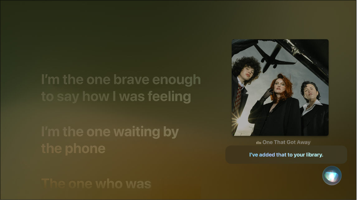 مثال يوضح كيفية استخدام Siri لإضافة ألبوم إلى مكتبتي من شاشة قيد التشغيل