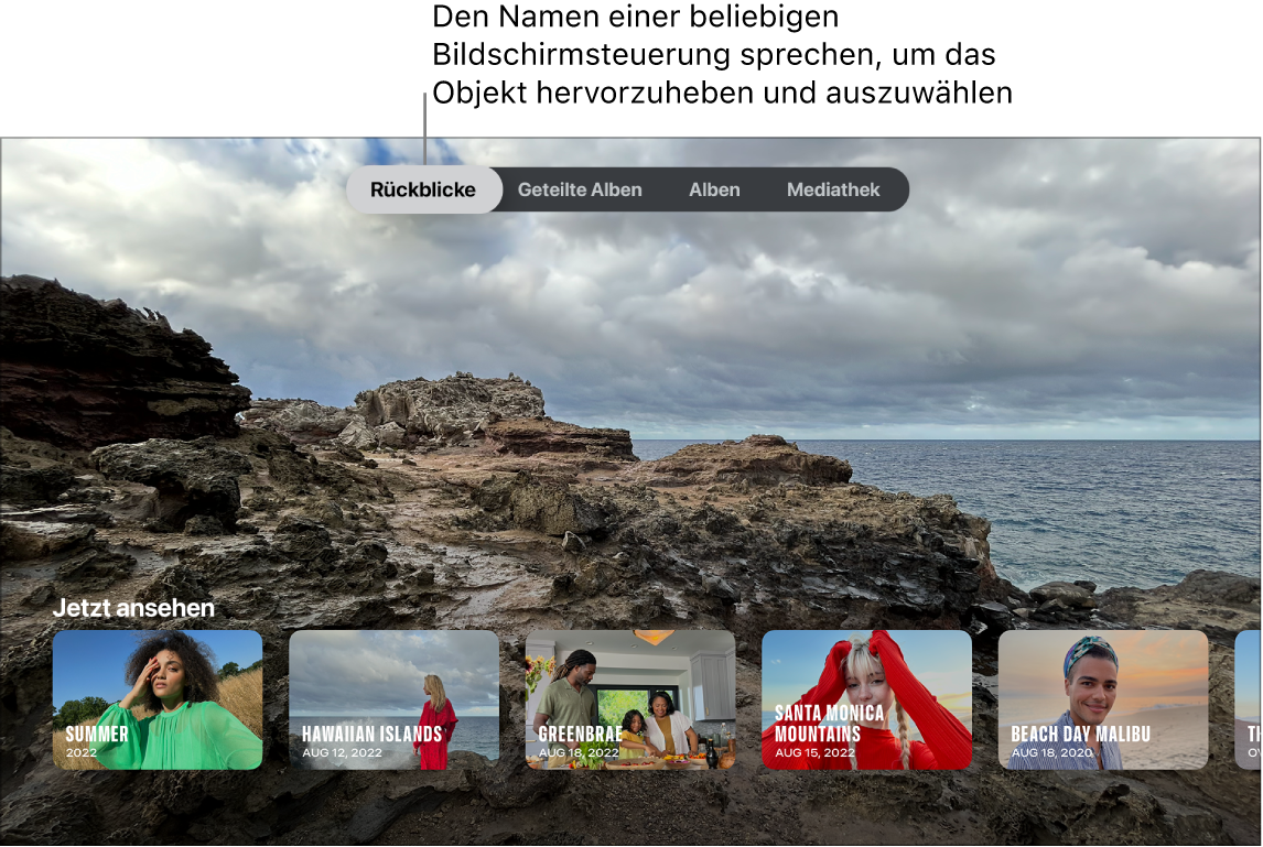 Der App-Bildschirm „Fotos“ mit Anfragen, die gesprochen werden können