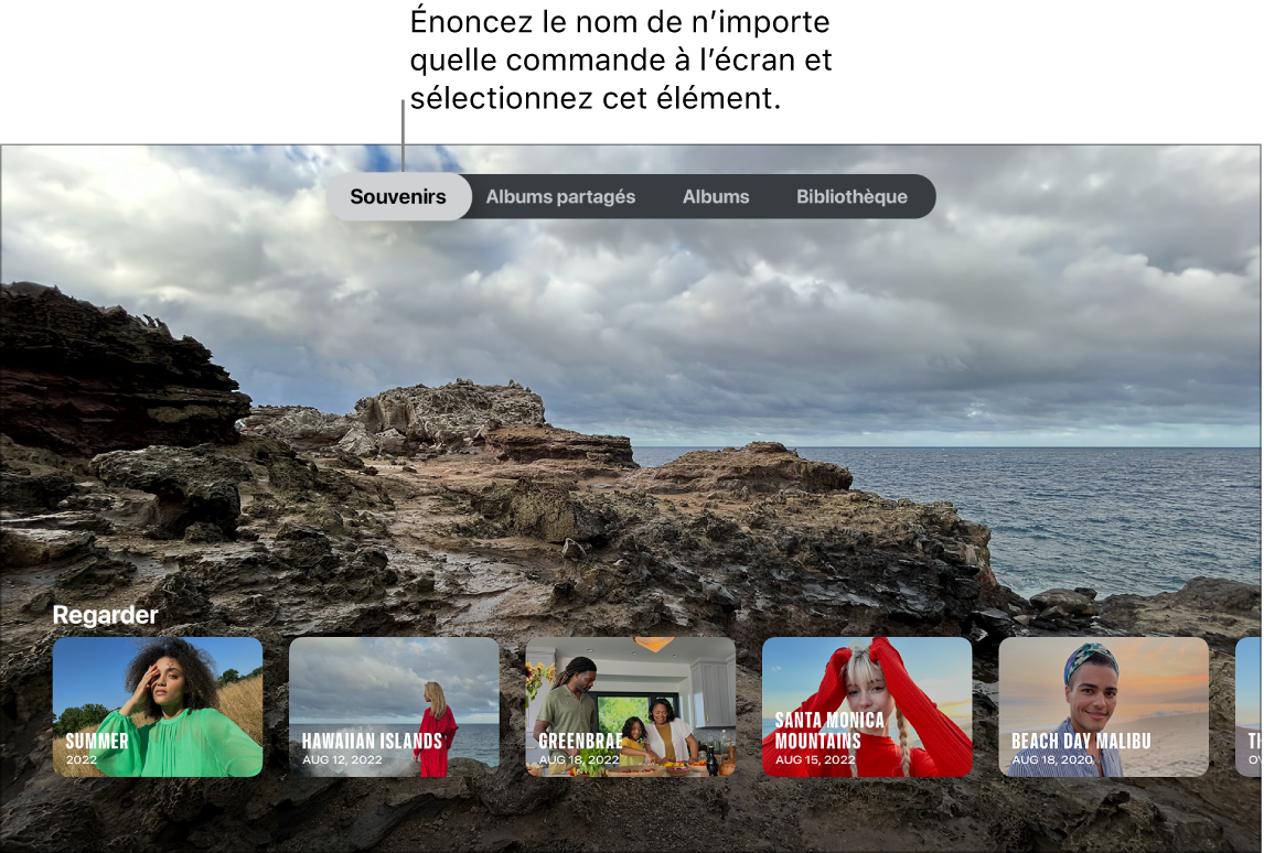 Écran de l’app Photos avec les requêtes de menu pouvant être énoncées