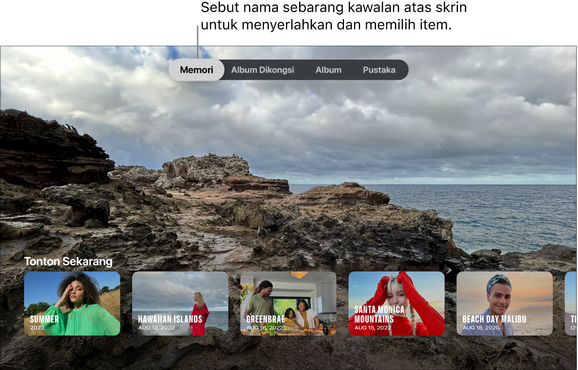 Skrin app Foto menunjukkan pertanyaan menu yang boleh disebut