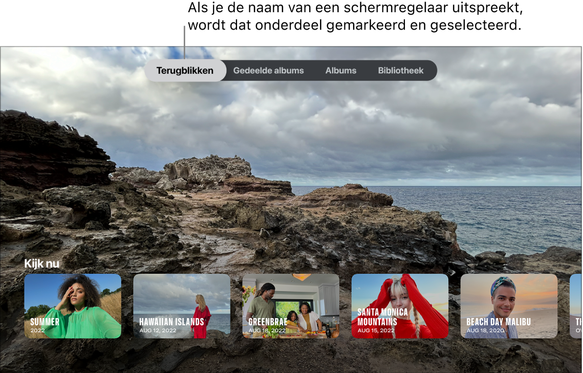 Een scherm in de Foto's-app met menuzoekopdrachten die kunnen worden uitgesproken
