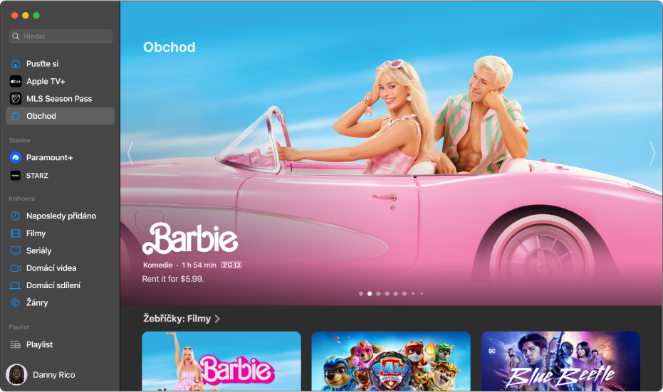 Obrazovka se zobrazeným panelem Obchod v aplikaci Apple TV