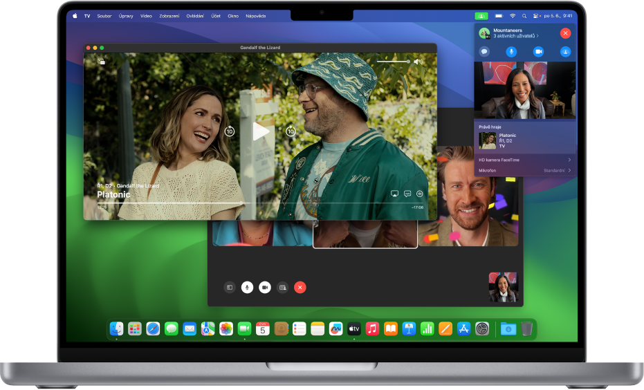 Funkce SharePlay na Macu zobrazená s aplikací Apple TV a živým hovorem FaceTime