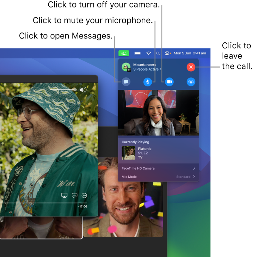 SharePlay controls shown in the Menu bar including buttons to open the Messages app, mute your microphone, turn off your camera and leave the call
