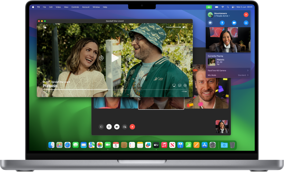 SharePlay on a Mac shown with the Apple TV app and a live FaceTime call.