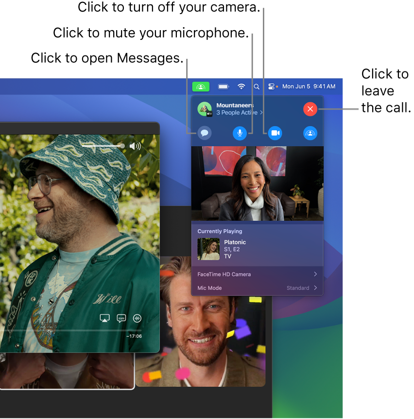 SharePlay controls shown in the Menu bar including buttons to open the Messages app, mute your microphone, turn off your camera, and leave the call
