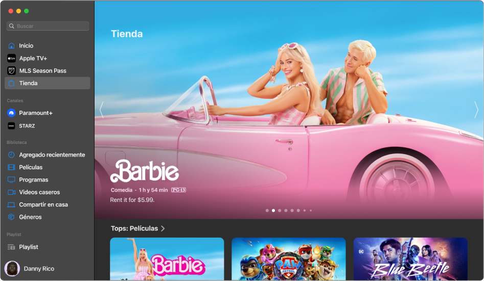 Pantalla mostrando el panel Tienda en la app Apple TV.
