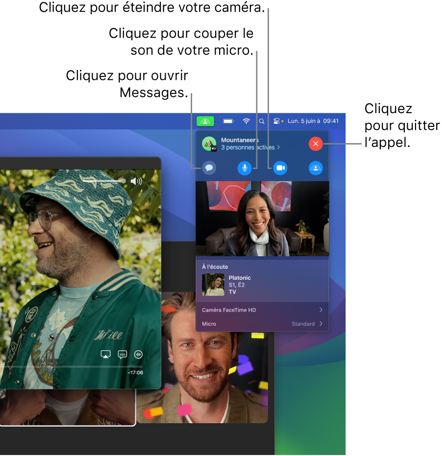 Commandes SharePlay affichées dans la barre des menus comprenant des boutons pour ouvrir l’app Messages, couper le son du micro, désactiver la caméra et quitter l’appel.