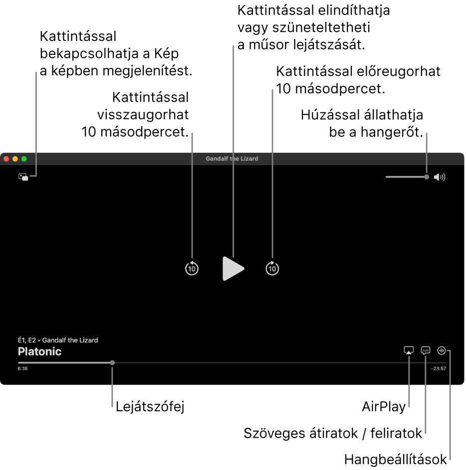 A megtekintőben található lejátszásvezérlők, többek között a lejátszás elindítására és szüneteltetésére, az előre- és hátraugrásra, valamint a hangerő beállítására szolgáló gombokkal