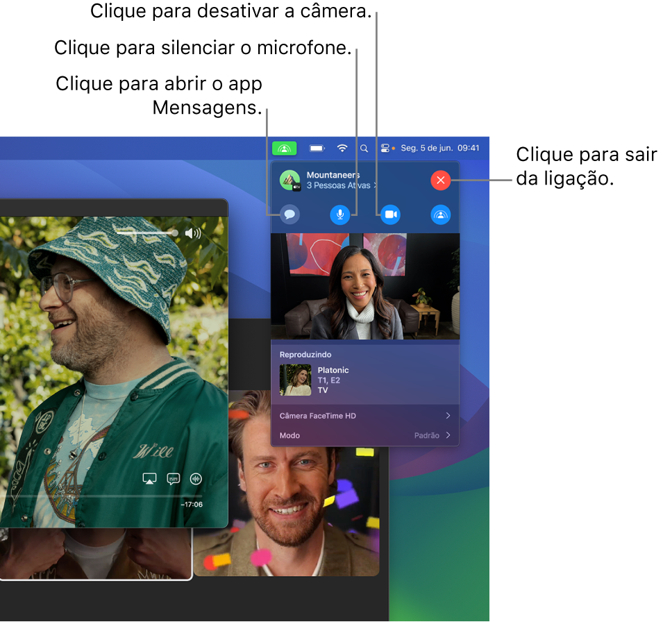 Os controles do SharePlay mostrados na Barra de menus incluem botões para abrir o app Mensagens, silenciar o microfone, desativar a câmera e sair da ligação.